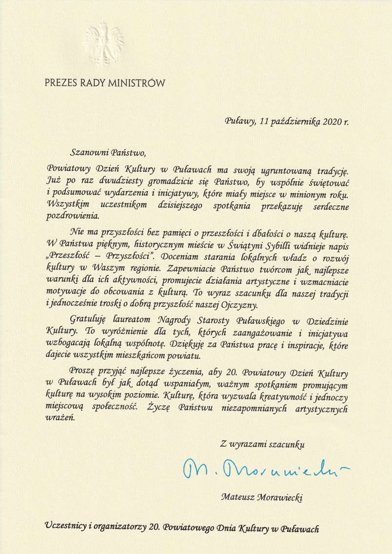 List gratulacyjny od Premiera Mateusza Morawieckiego