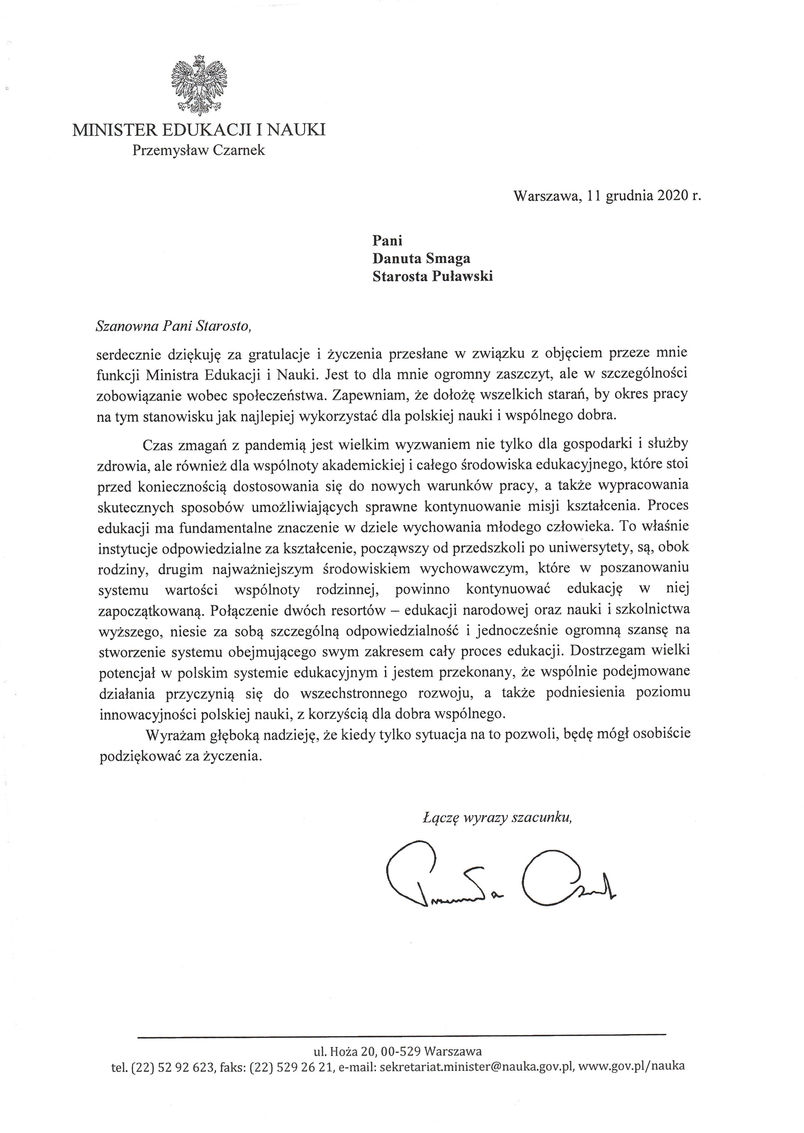 List z podziękowaniem od Ministra Edukacji i Nauki.