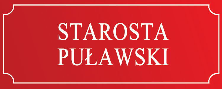 Tabliczka , czerwone tło białe litery "Starosta Puławski"