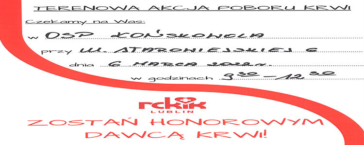 Terenowa akcja poboru krwi:OSP Końskowola, ul. Starowiejska 6. Zostań honorowym dawcą krwi!