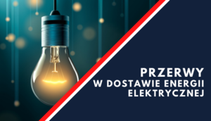 Żarówka i napis Przerwy w dostawie energii elektrycznej na granatowym tle. 