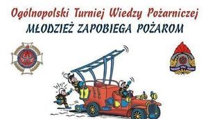 Grafika z wozem strażackim i napisami Ogólnopolski Turniej Wiedzy Pożarniczej 