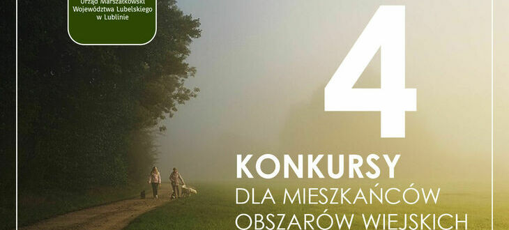 Plakat z napisem "4 konkursy dla mieszkańców obszarów wiejskich" z grafiką przedstawiającą dwie osoby spacerujące po leśnej ścieżce w promieniach słońca.