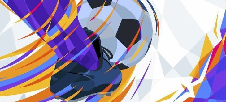 Alternatywny opis zdjęcia: Abstrakcyjna grafika sportowa przedstawiająca piłkę nożną w ruchu z dynamicznymi liniami w niebieskich, białych i fioletowych odcieniach.