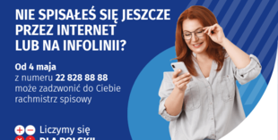 Grafika z uśmiechniętą panią i napisami: Nie spisałeś się jeszcze przez internet i infolinie? Od 4 maja z numeru 22 828 88 88 może zadzwonić do Ciebie rachmistrz spisowy