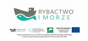 Logo i logotypy dofinansowania z podpisem Projekt współfinansowany ze środków Europejskiego Funduszu Morskiego i Rybackiego w ramach Programu Operacyjnego Rybactwo i Morze na lata 2014-2020