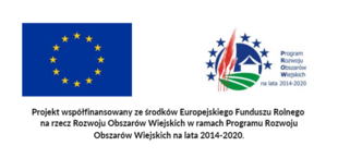 Flaga Unii europejskiej i logo Programu Rozwoju Obszarów Wiejskich na lata 2014-2020 i napis Projekt współfinansowany ze środków Europejskiego Funduszu Rolnego na rzecz Rozwoju Obszarów Wiejskich w ramach Programu Rozwoju Obszarów Wiejskich na lata 2014-2020.