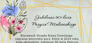 Zdjęcie plakatu informacyjnego o wydarzeniu pt. "W ogródku Malusieńkiego", z grafiką kwiatową i motylami, zawierającym szczegóły dotyczące uroczystości jubileuszowej i informacje kontaktowe.