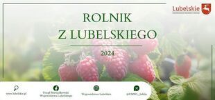 Zdjęcie promocyjne przedstawiające dojrzałe maliny na tle zielonych liści z napisem "Rolnik z Lubelskiego 2024" oraz loga instytucji.