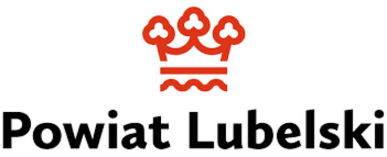 Logo Powiatu Lubelskiego z czerwonym napisem i grafiką trzech koron nad dwiema falującymi liniami.