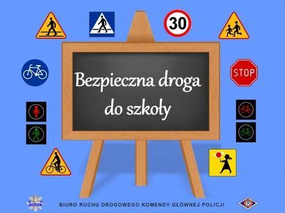 Ilustracja tablica i znaki drogowe i napis Bezpieczna droga do szkoły