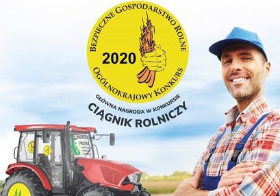 Kawałek plakatu z traktorem i rolnikiem uśmiechniętym