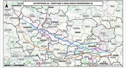 Mapa z zaznaczonym korytarzem A4