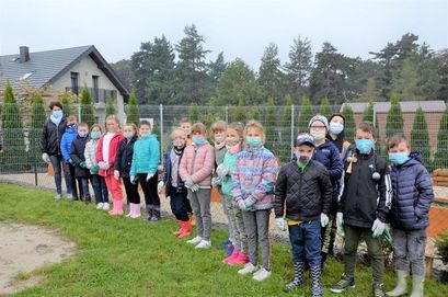 Uczniowie SP Żarów wraz z wychowawczynią na placu zielonym szkoły podczas sadzenia drzewek