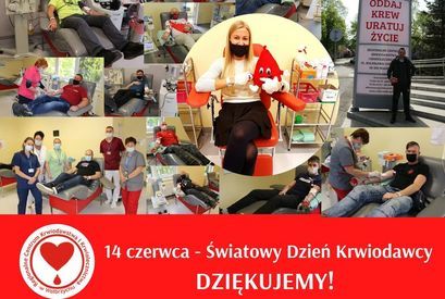 Plakat z napisami i zdjęciami ODDAJ KREW URATUJ ŻYCIE 14 czerwca - Światowy Dzień Krwiodawcy DZIĘKUJEMY!