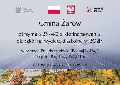 Plakat Gmina Żarów dofinansowanie na wycieczki szkolne w 2022r. 