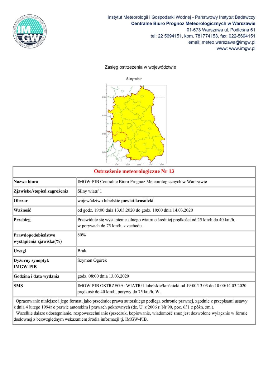 Plik jpg - Ostrzeżenie meteorologiczne Nr 13