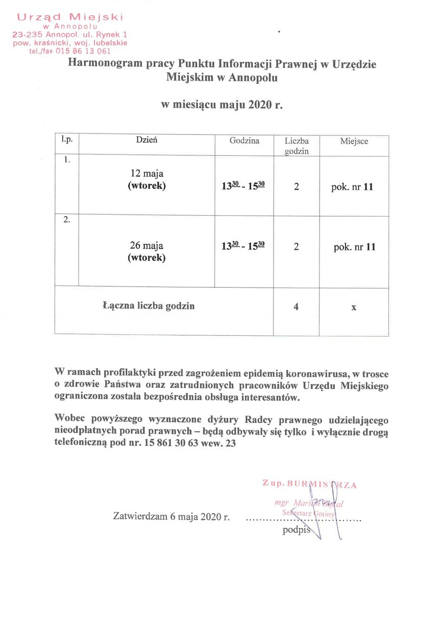 Harmonogram pracy Punktu Informacji Prawnej w Urzędzie Miejskim w Annopolu, w maju 2020 r.