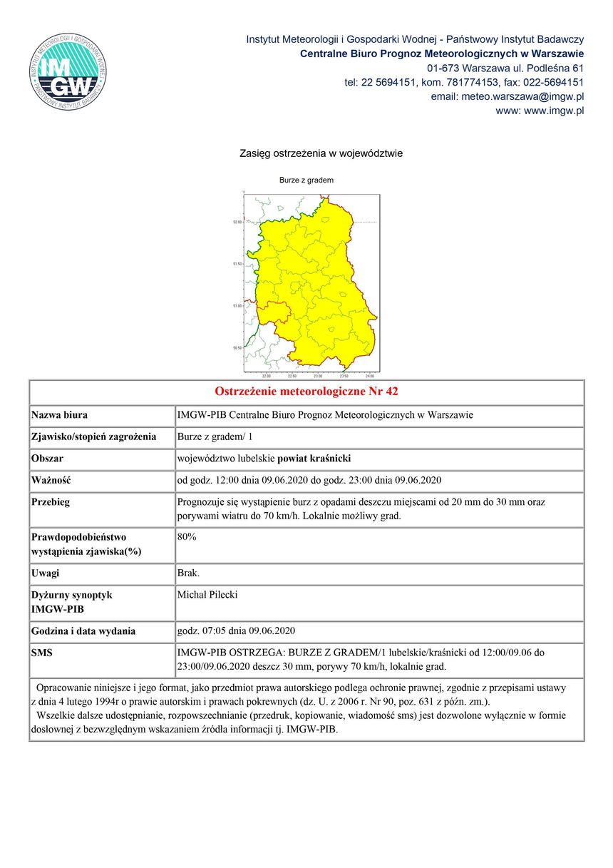 Ostrzeżenie meteorologiczne Nr 42