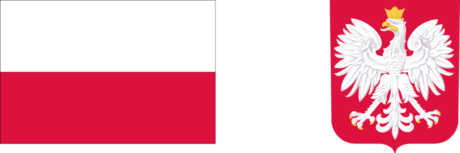 Flaga Polski podzielona na dwa poziome pasy, górny biały, dolny czerwony, obok godło Polski – biały orzeł w koronie na czerwonym tle.