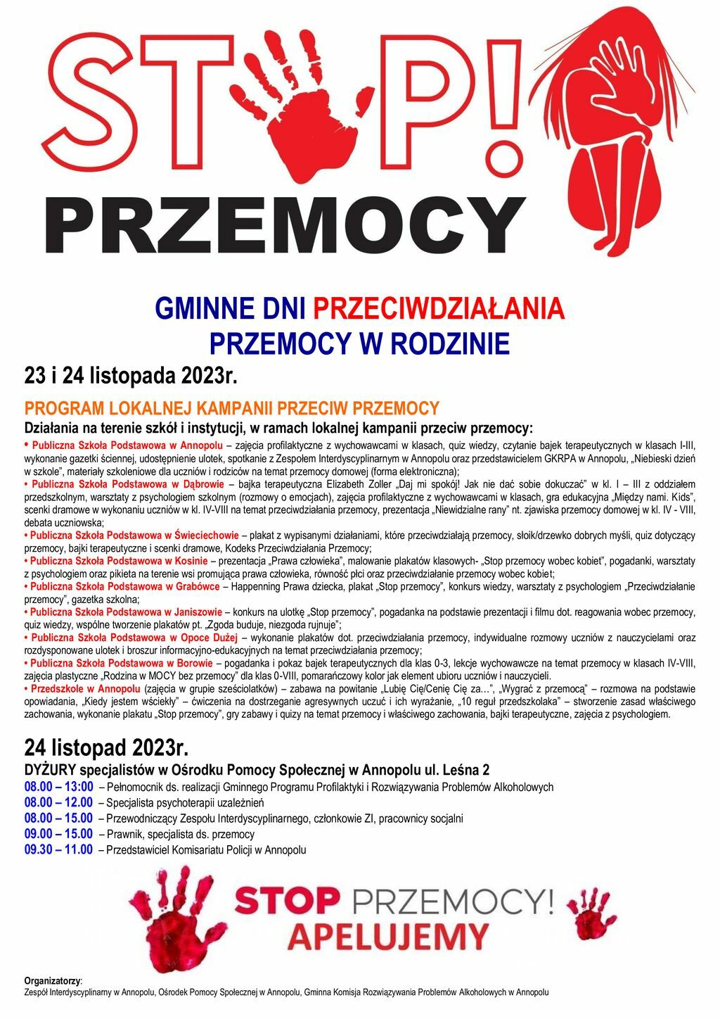 Obraz przedstawia plakat informacyjny o "Gminnych Dniach Przeciwdziałania Przemocy w Rodzinie", z datą, programem wydarzeń, i logotypami organizatorów.