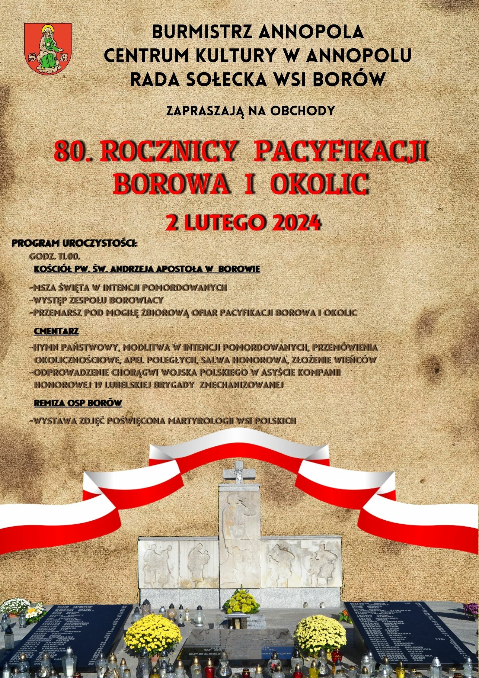 Plakat informacyjny o 80. rocznicy pacifikacji wsi Solec, wydarzeniu historycznym, z czerwonymi i białymi elementami, datami i szczegółami dotyczącymi obchodów.
