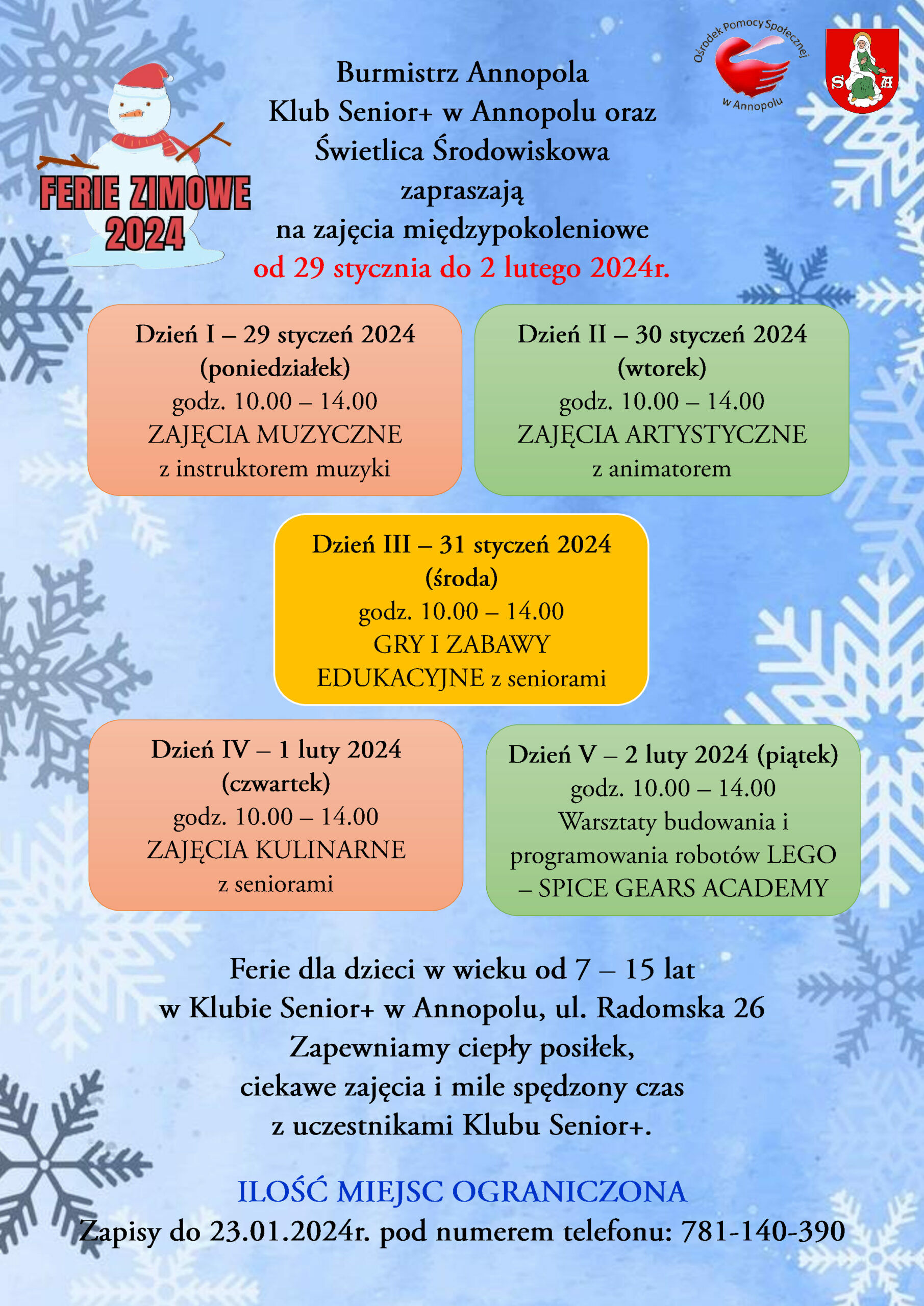 Zdjęcie przedstawia plakat informacyjny o zimowych feriach organizowanych przez klub Zapraszaj Ankopole. Zawiera grafikę związane z zimą, daty wydarzeń i ich opisy, a także informacje kontaktowe.