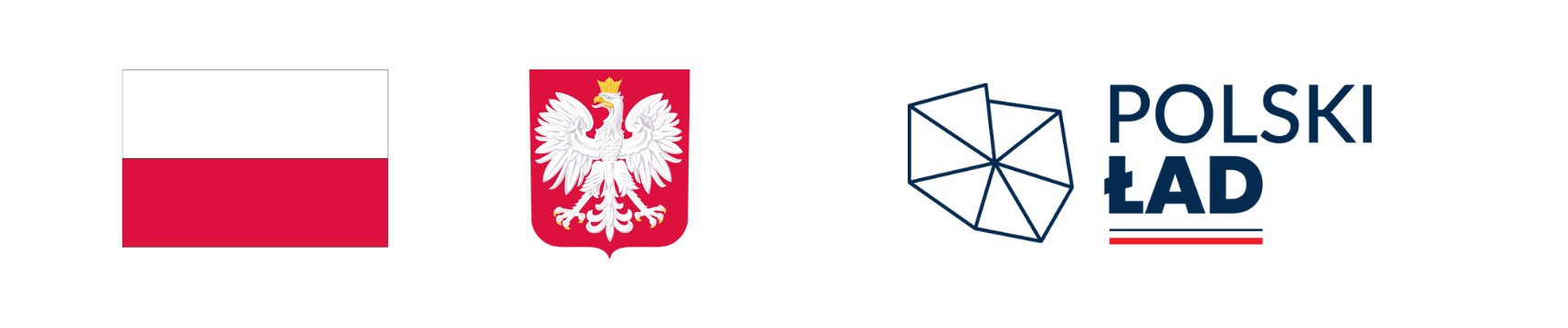 Na zdjęciu znajdują się trzy logotypy: po lewej stronie flaga Polski z białym i czerwonym poziomym pasem, pośrodku herb Polski z białym orłem na czerwonym tle, z prawej napis "POLSKI ŁAD" w czarnym kolorze obok grafiki przypominającej diament.