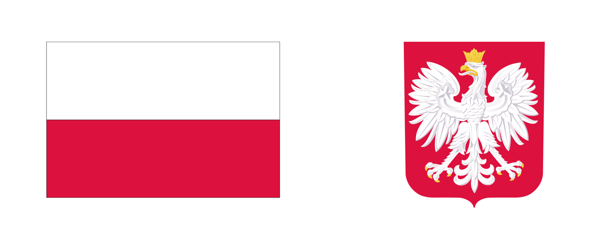 Flaga Polski z białym górnym i czerwonym dolnym pasem obok herbu Polski z białym orłem w koronie na czerwonym tle.