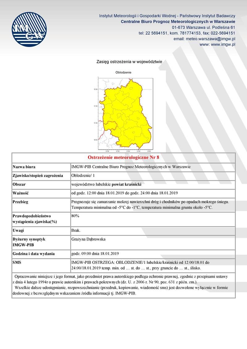 Ostrzeżenie meteorologiczne Nr 8