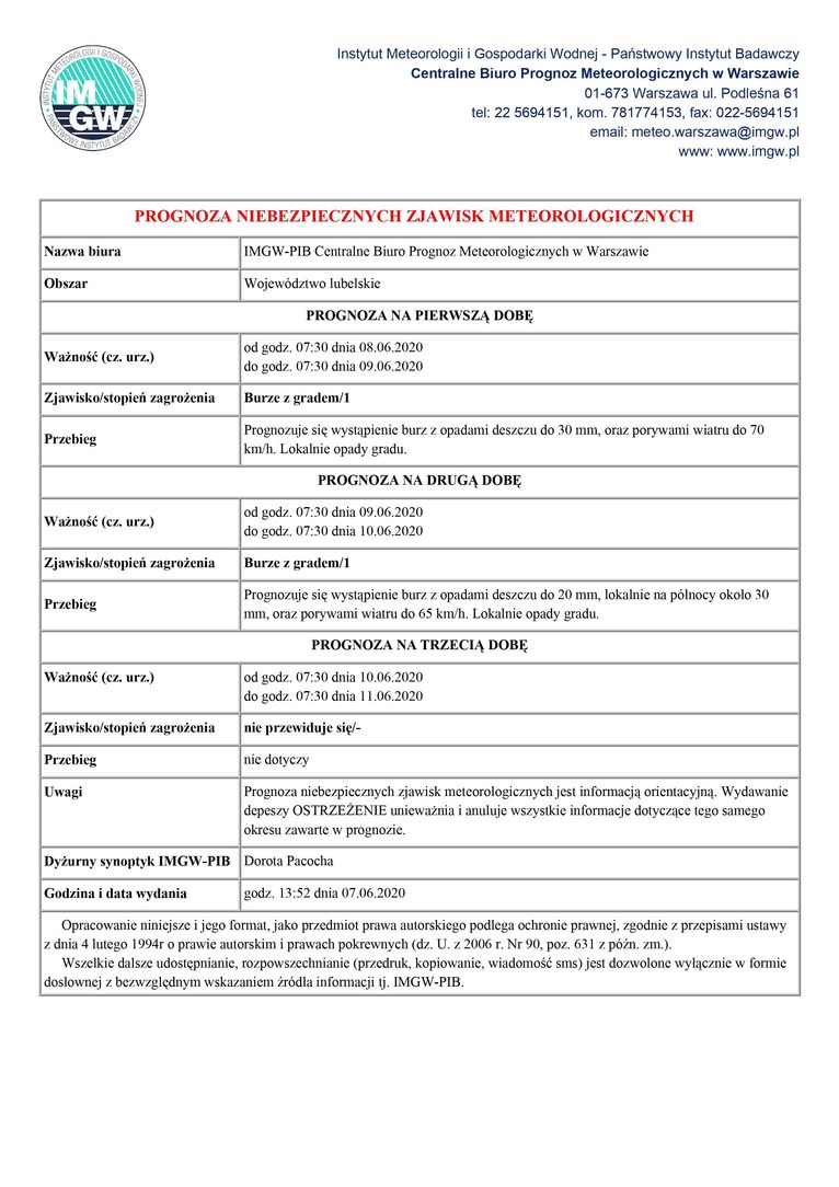 PROGNOZA NIEBEZPIECZNYCH ZJAWISK METEOROLOGICZNYCH