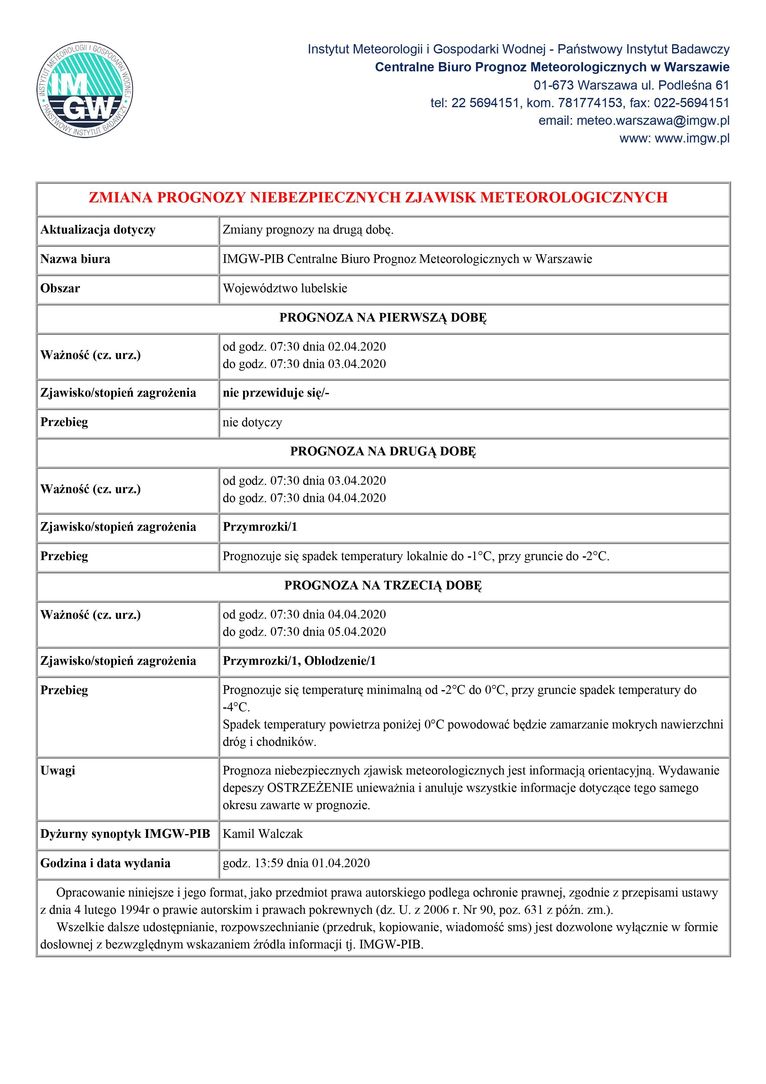 Plik jpg - ZMIANA PROGNOZY NIEBEZPIECZNYCH ZJAWISK METEOROLOGICZNYCH