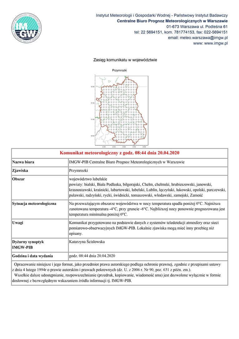 Plik jpg - Komunikat meteorologiczny z godz. 08:44 dnia 20.04.2020