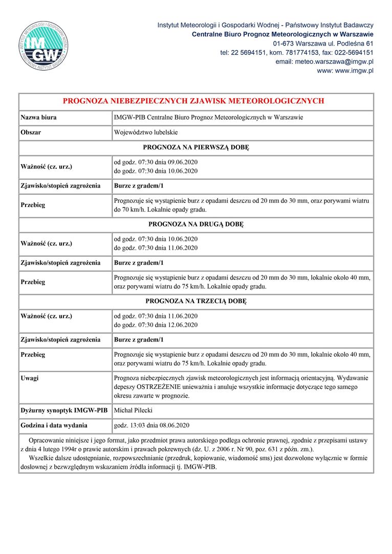 PROGNOZA NIEBEZPIECZNYCH ZJAWISK METEOROLOGICZNYCH