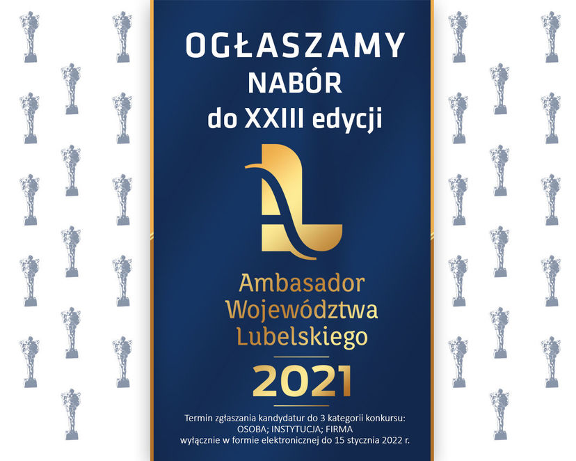 Plakat ogłoszenie naboru do XXIII edycji konkursu Ambasador Województwa Lubelskiego 2021