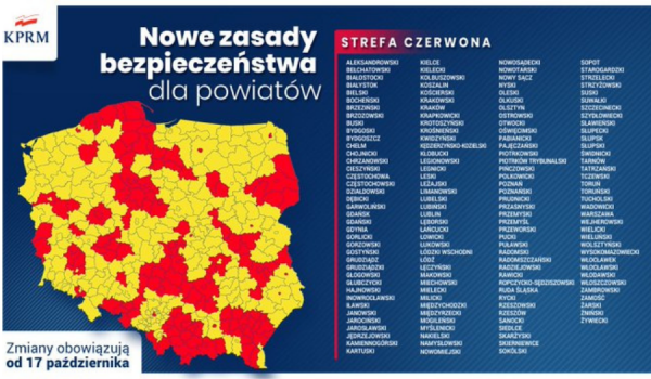 Grafika mapa polski z zaznaczonymi na czerwono wybranymi powiatami.