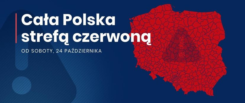 Grafika Polska na czerwono z napisem Cała Polska strefą czerwoną