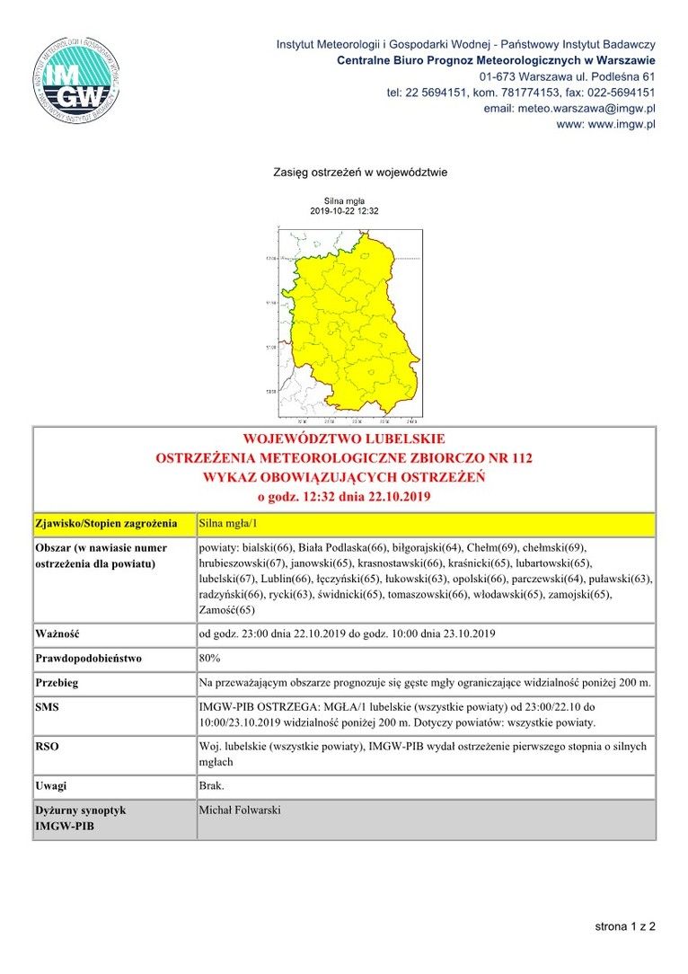 OSTRZEŻENIA METEOROLOGICZNE ZBIORCZO NR 112