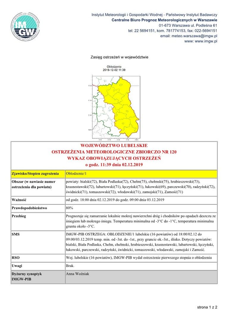 OSTRZEŻENIA METEOROLOGICZNE ZBIORCZO NR 120