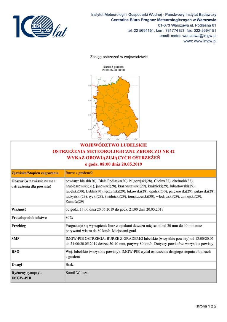 OSTRZEŻENIA METEOROLOGICZNE ZBIORCZO NR 42