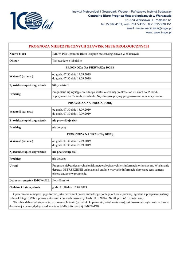 PROGNOZA NIEBEZPIECZNYCH ZJAWISK METEOROLOGICZNYCH