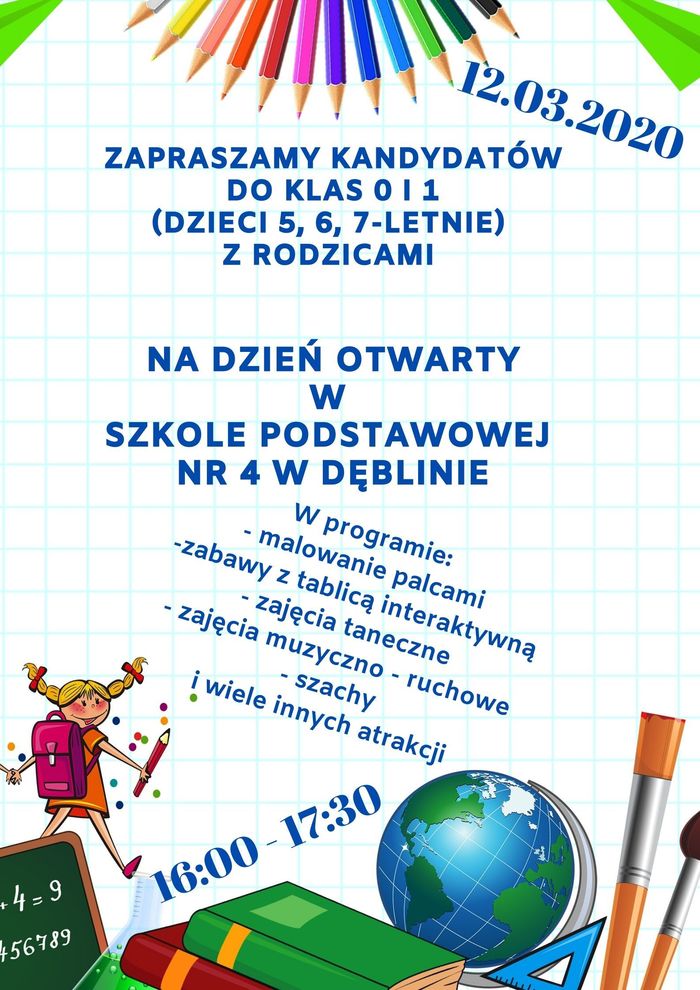 Plakat - Dzień otwarty w Szkole Podstawowej Nr 4 w Dęblinie