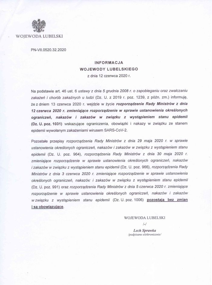 Informacja Wojewody Lubelskiego z dnia 12.06.2020