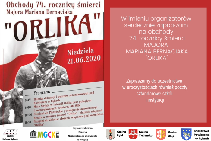 Plakat - 74. rocznica śmierci Majora Mariana Bernaciaka „Orlika”