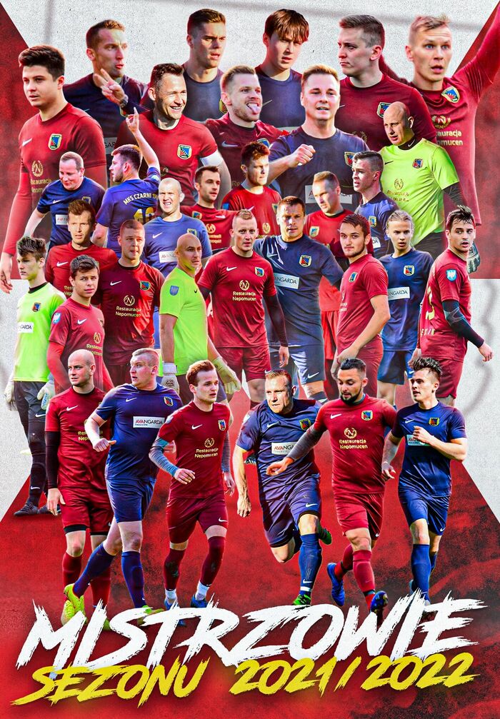Plakat z piłkarzami i napisem mistrzowie sezonu 2021/2022