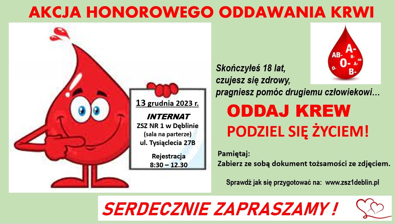 Plakat akcji honorowego oddawania krwi z kreskówkową kroplą krwi i informacją o dacie, miejscu oraz zachętą do podzielenia się życiem.