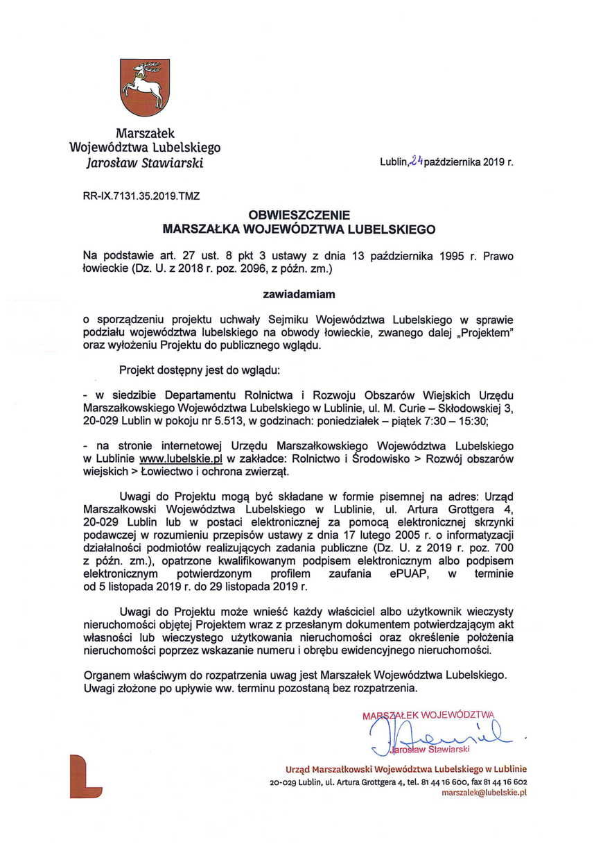 OBWIESZCZENIE MARSZAŁKA WOJEWÓDZTWA LUBELSKIEGO