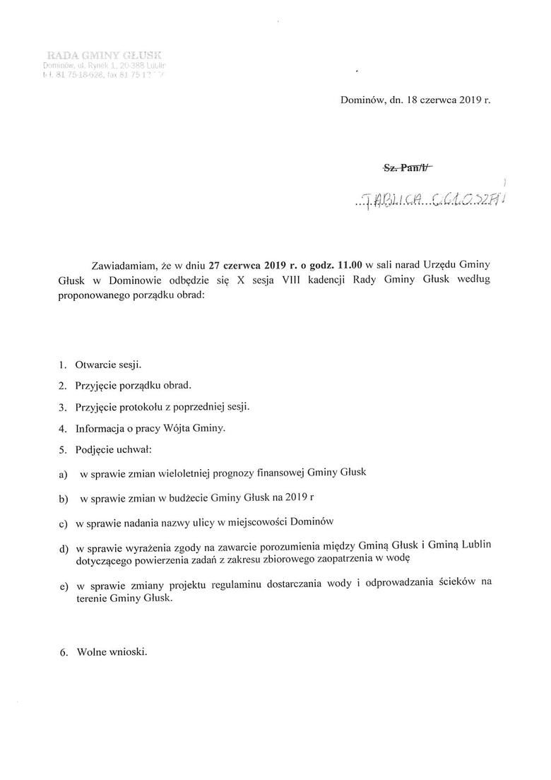 Zawiadomienie o X sesji VIII kadencji Rady Gminy Głusk