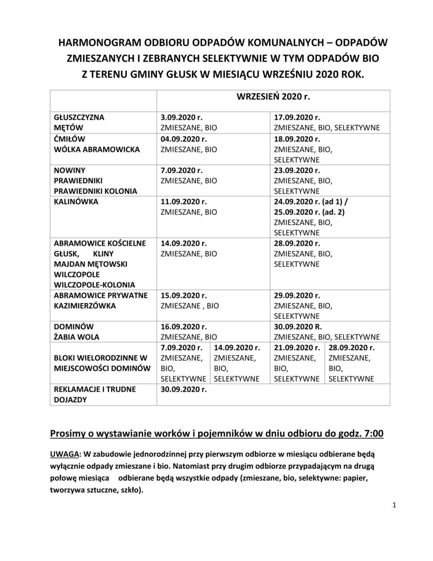 HARMONOGRAM ODBIORU ODPADÓW KOMUNALNYCH