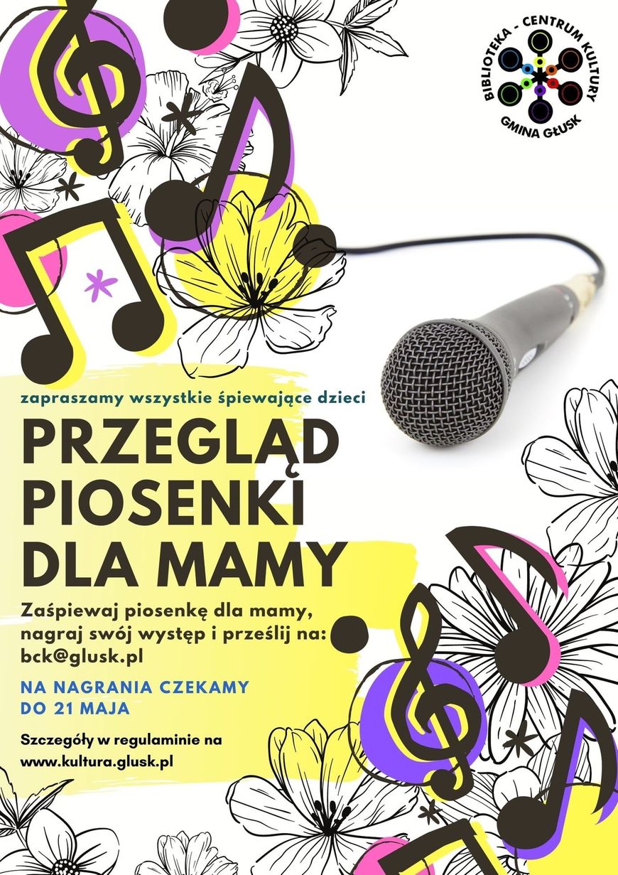 Plakat z informacjami o konkursie, dużo kwiatów i mikrofon oraz nutki